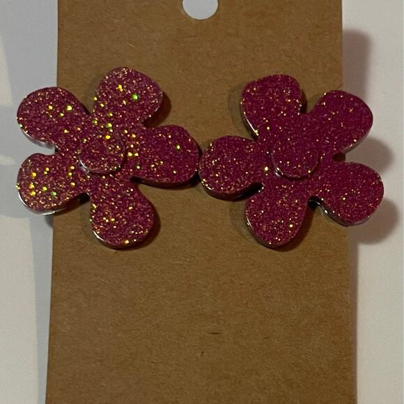 Handmade epoxy resin large flower earrings - dark mauve glitter w/ gold flecks - Picture 2 of 3